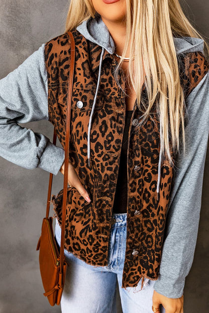 Leopard Distressed Drawstring Hooded Denim Jacket.