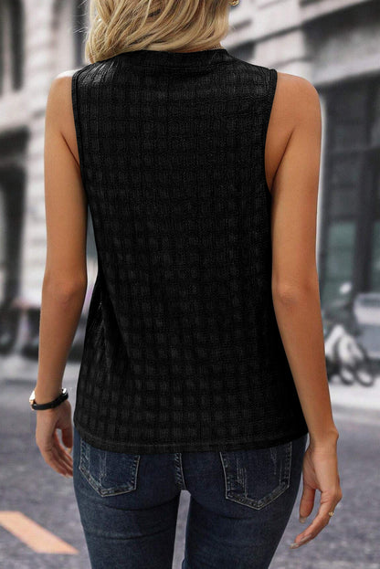 Chic black lattice textured sleeveless split neck top