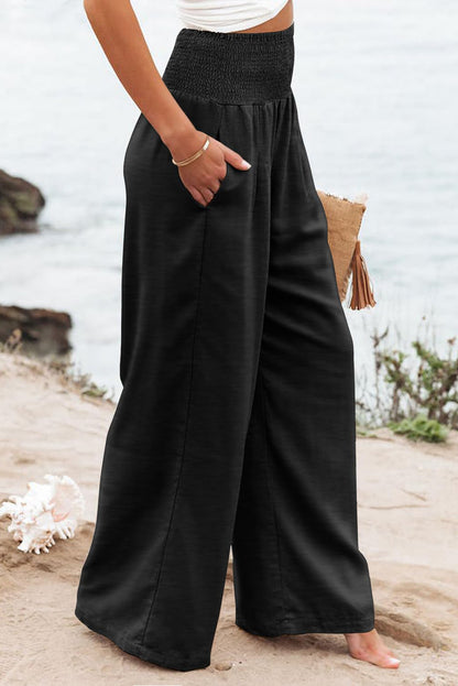 Chic black plus size wide leg pants with shirred high waist