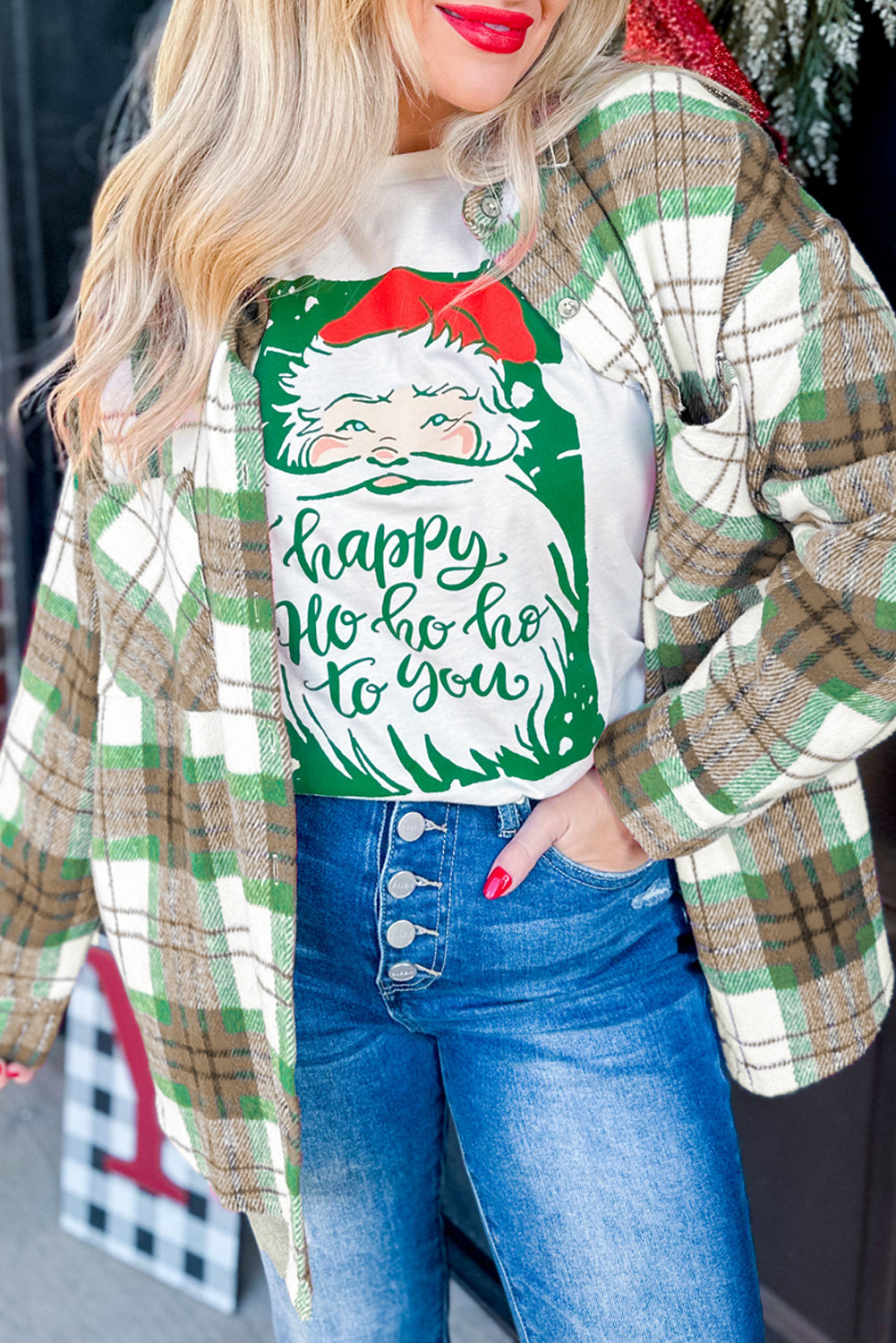 Khaki Christmas Plaid Flannel Shacket Casual Outerwear Dear-Lover Dropshipping