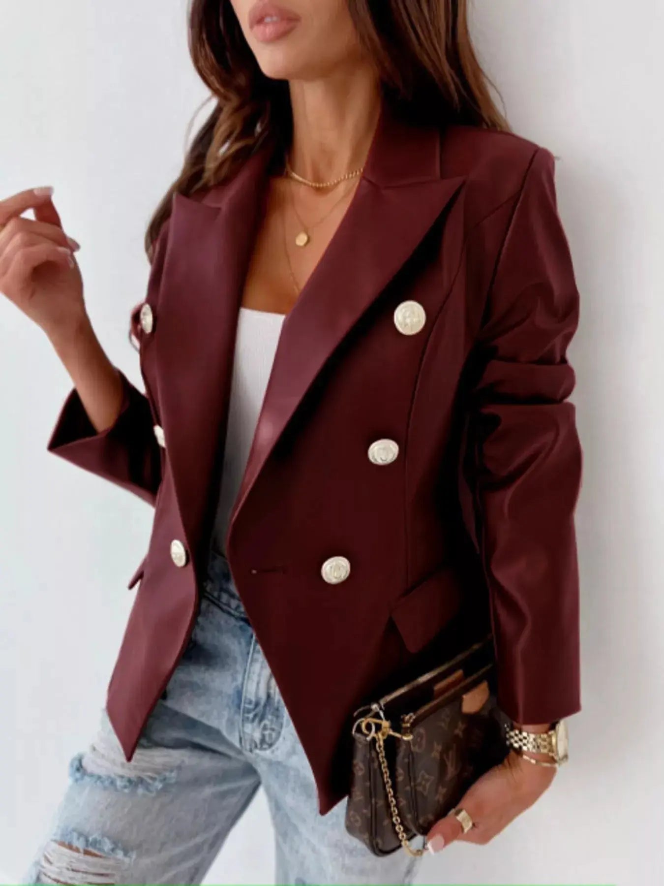 Lapel Collar Leather Blazer Simply Love