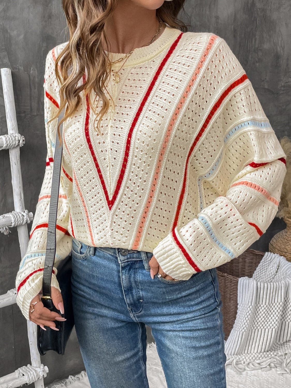 Chic eyelet sweater - round neck, comfy fit