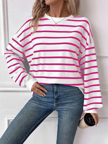 Striped Round Neck Long Sleeve Sweatshirt.