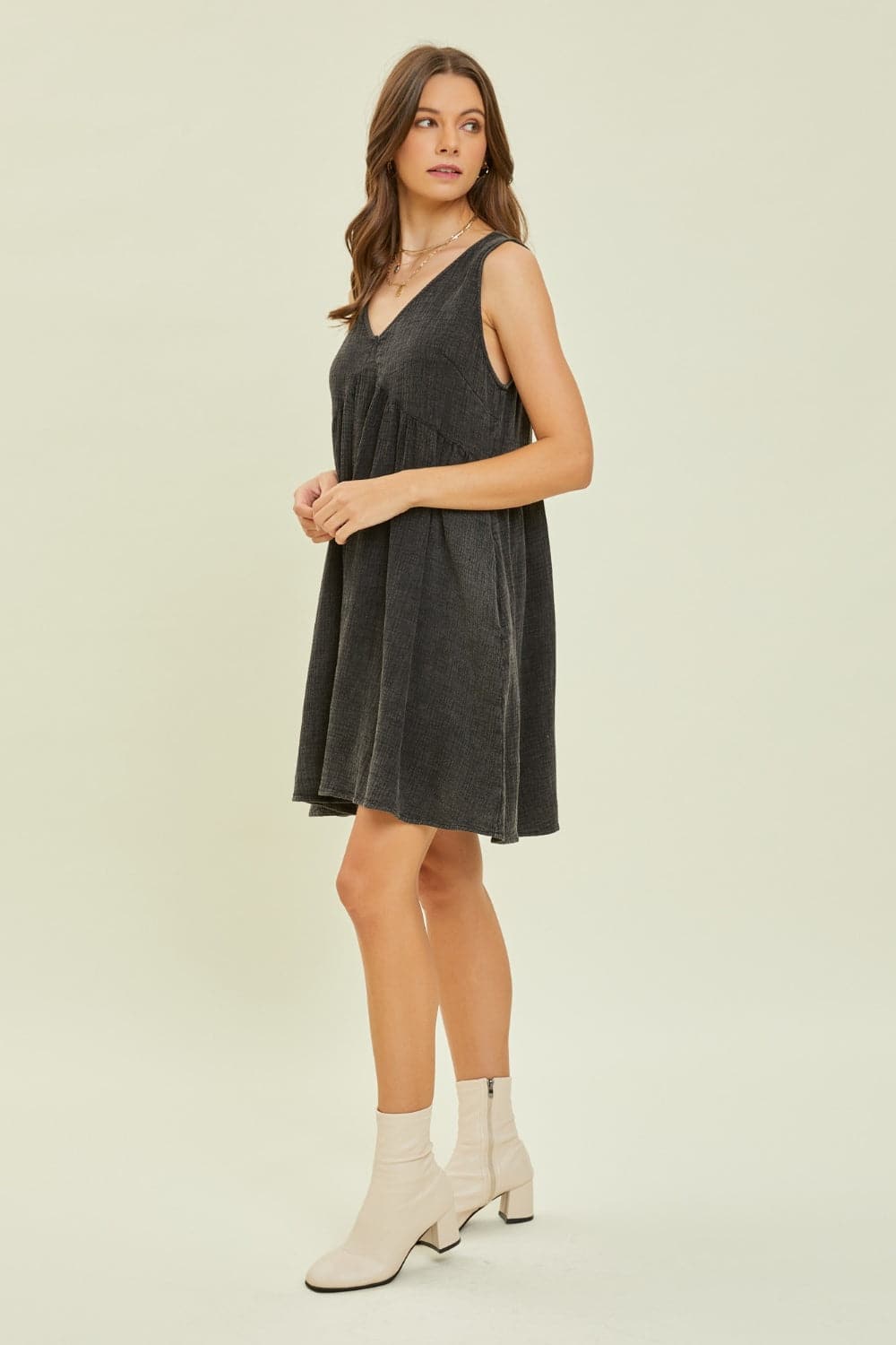 HEYSON Full Size Texture V-Neck Sleeveless Flare Mini Dress.