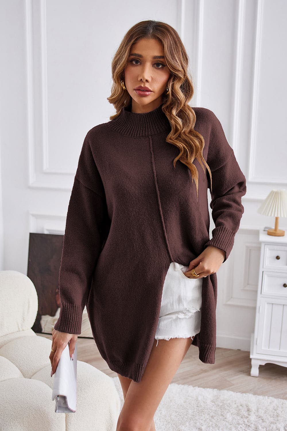 Exposed Seam Mock Neck Slit Sweater.