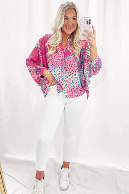 Floral elegance: Rose red oversized buttoned V-neck shirt