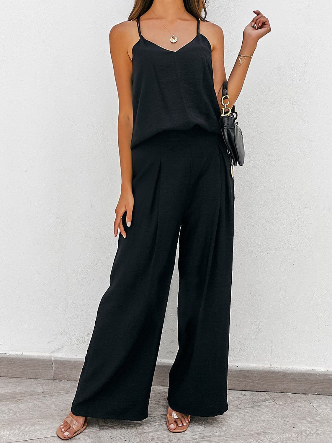 Spaghetti Strap Cami and Wide Leg Pants Set.