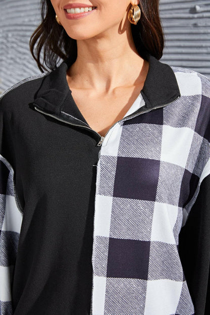 Plaid Exposed Seam Long Sleeve Blouse.