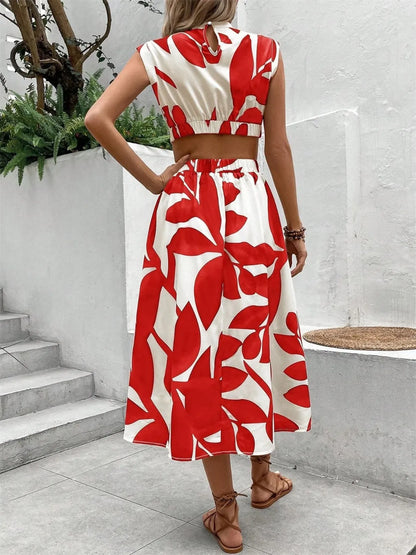 Tropical Cutout Cap Sleeve Midi Dress