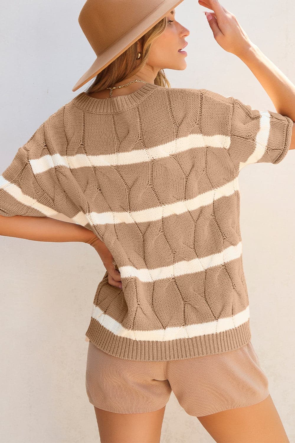 Striped Round Neck Short Sleeve Sweater.