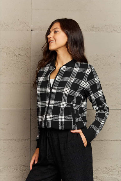 Ninexis Full Size Plaid Round Neck Long Sleeve Jacket.