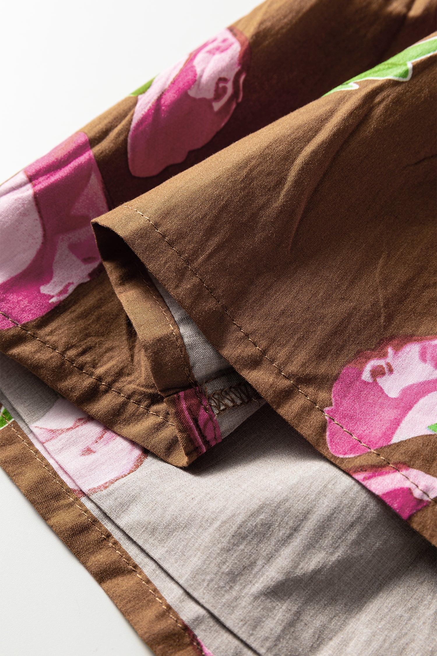 Brown Contrast Floral Print Babydoll Tunic Dress With Ruffled Hem Puff Sleeve Dear-Lover Dropshipping