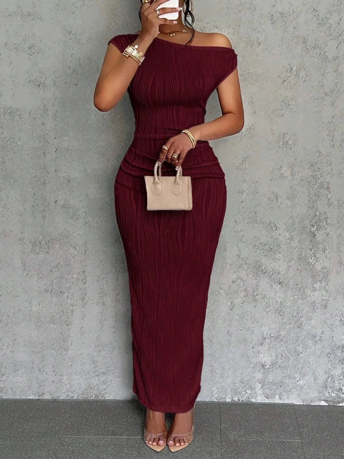 Sculpted Chic One-Shoulder Textured Maxi Dress Coco’s Tee Boutique