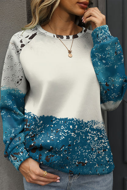 Chic blue tie dye cow print color block sweatshirt