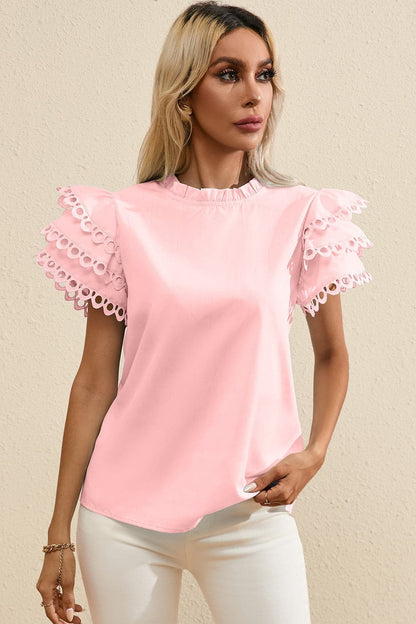 Ruffled Eyelet Round Neck Cap Sleeve Blouse.