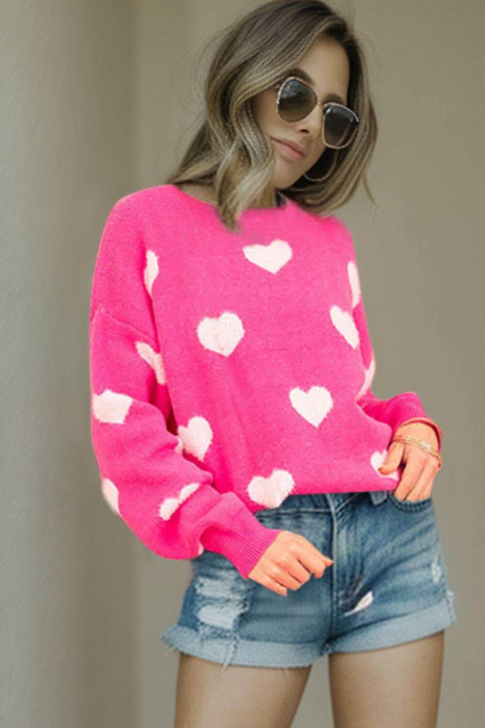 Heart Round Neck Dropped Shoulder Sweater.