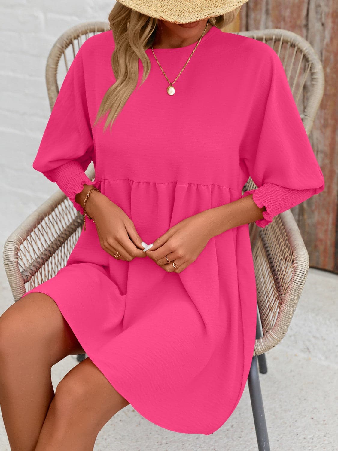 Round Neck Lantern Sleeve Mini DressFeatures: Basic style
Sheer: Opaque
Stretch: Slightly stretchy
Body: Not lined
Material composition: 100% polyester
Care instructions: Machine wash cold. Tumble dry Love Salve Round Neck Lantern Sleeve Mini Dress