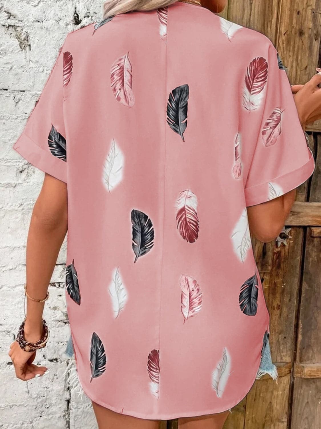 Full Size Printed Collared Neck Short Sleeve Blouse.