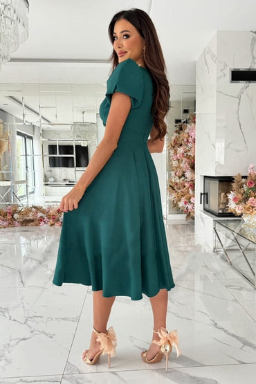 Surplice Puff Sleeve Midi Dress.