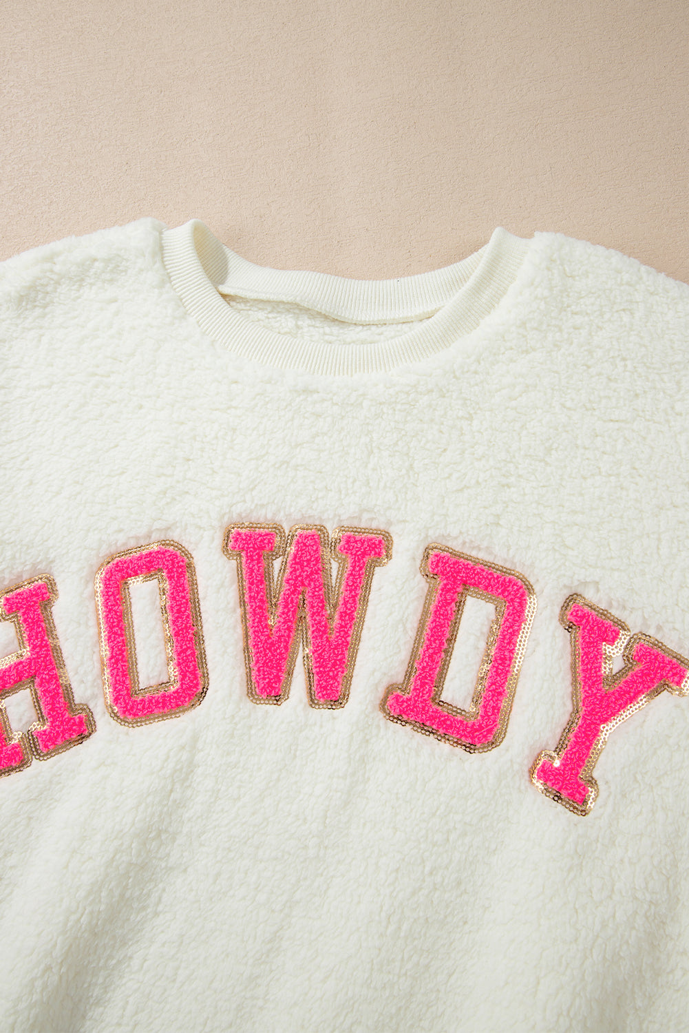 Beige Sherpa HOWDY Patched Pullover Sweatshirt