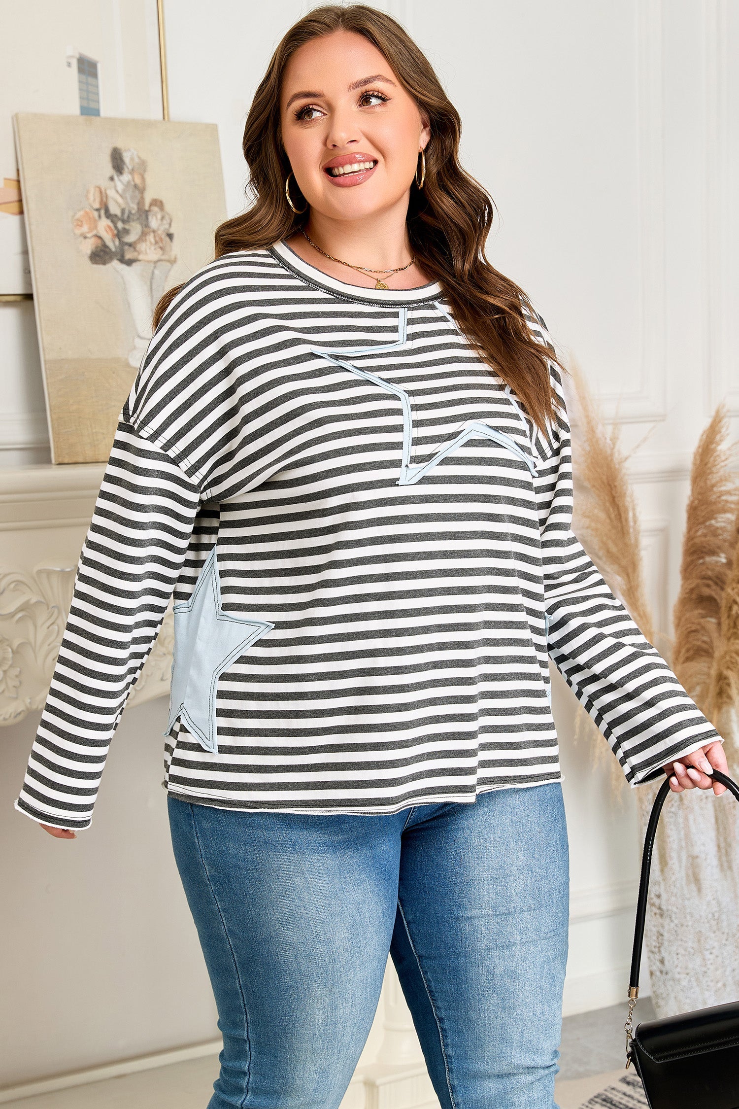 Dear-Lover Gray Star Top Women's Plus Size Fall Long Sleeve Tee - Contrast Stitch, Southern Belle Dear-Lover Dropshipping