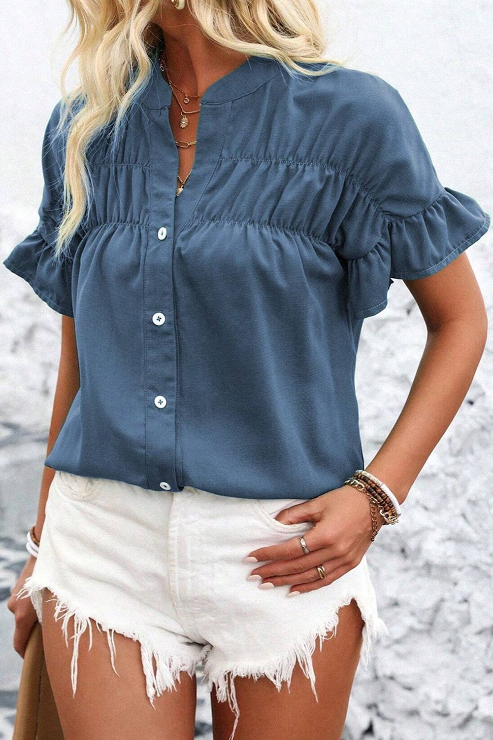 Real Teal Solid Color Ruffle Ruched Short Sleeve Shirt