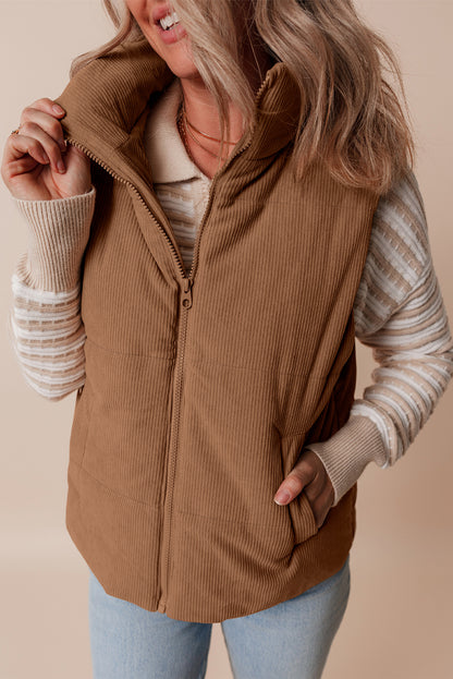 Cozy coffee corduroy puffer vest with stand neck and zipper closure