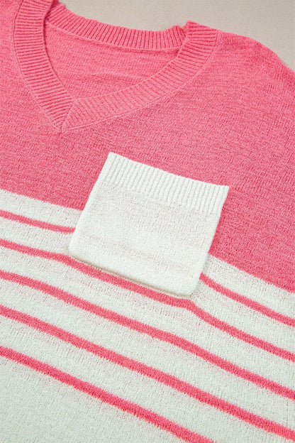 Striped V-Neck Short Sleeve Knit TopStriped V-Neck Short Sleeve Knit Top
 Upgrade your wardrobe with our versatile Striped V-Neck Short Sleeve Knit Top. Crafted for comfort and style, this top is a musLove Salve -Neck Short Sleeve Knit TopKnit Tops