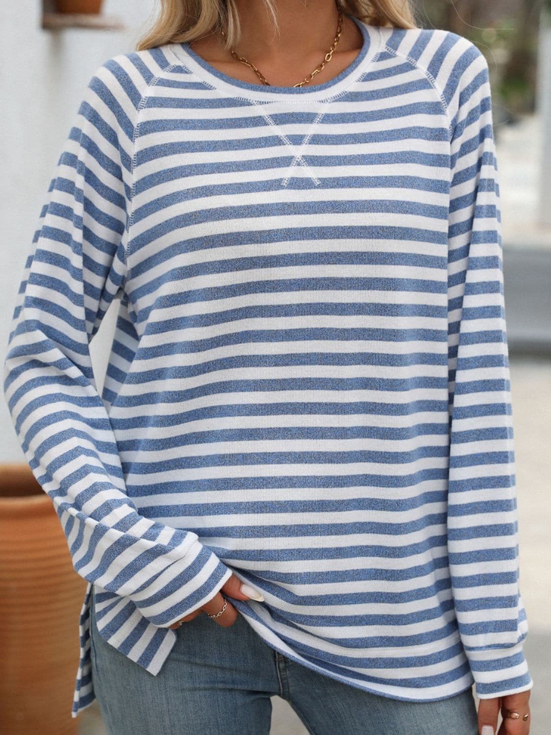 Striped Round Neck Long Sleeve T-Shirt.