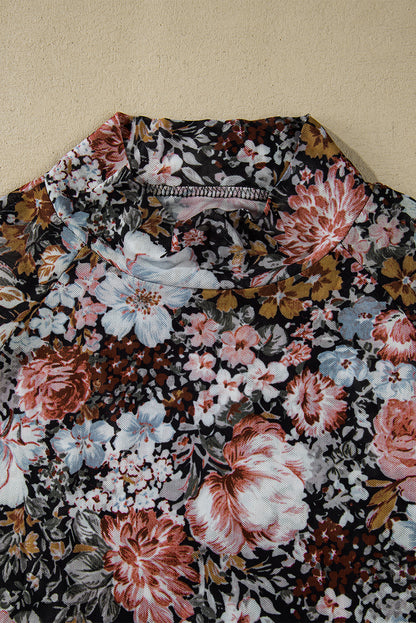 Elegant brown floral mesh blouse with high neck and long sleeves