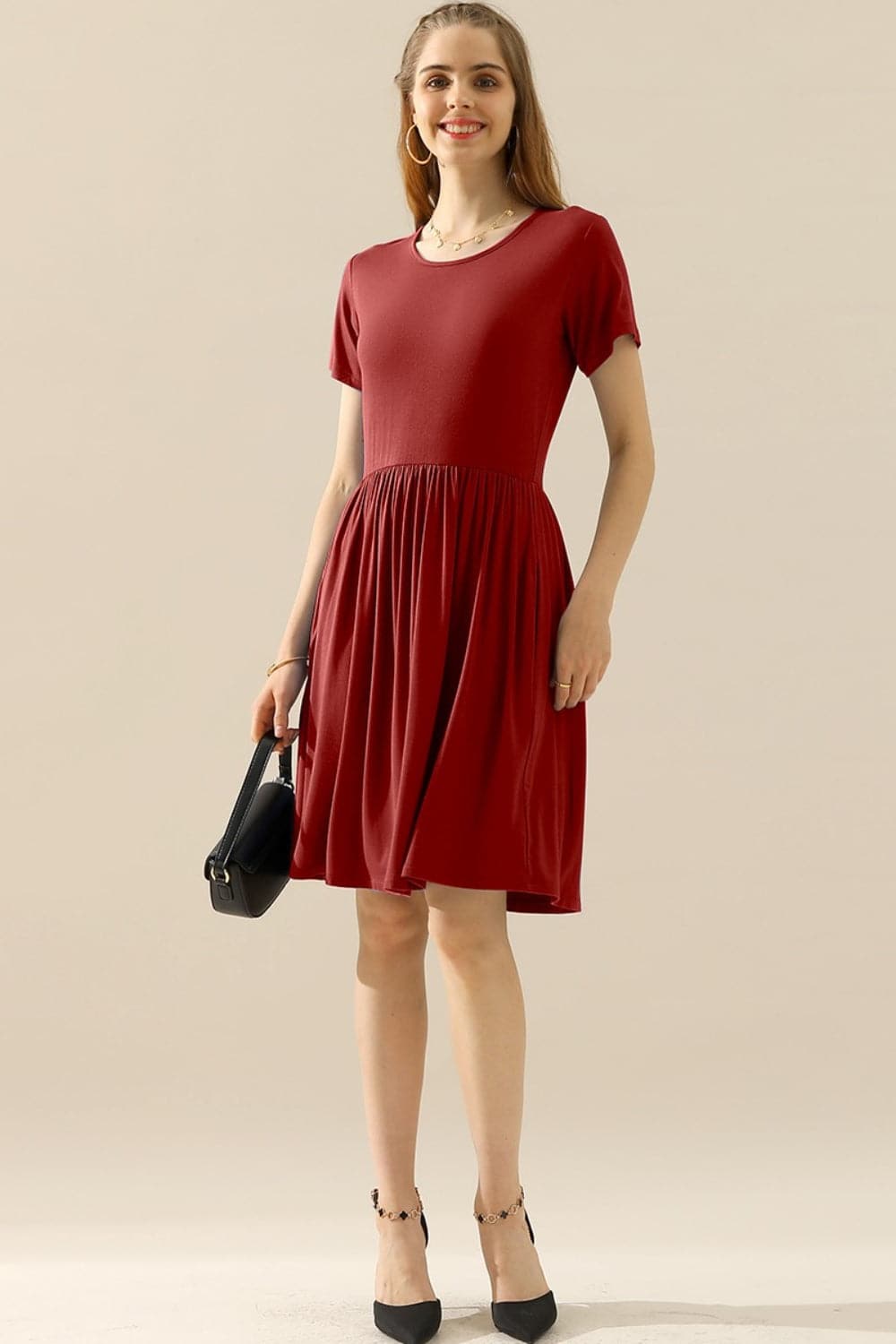 Ninexis Full Size Round Neck Ruched Dress with Pockets.