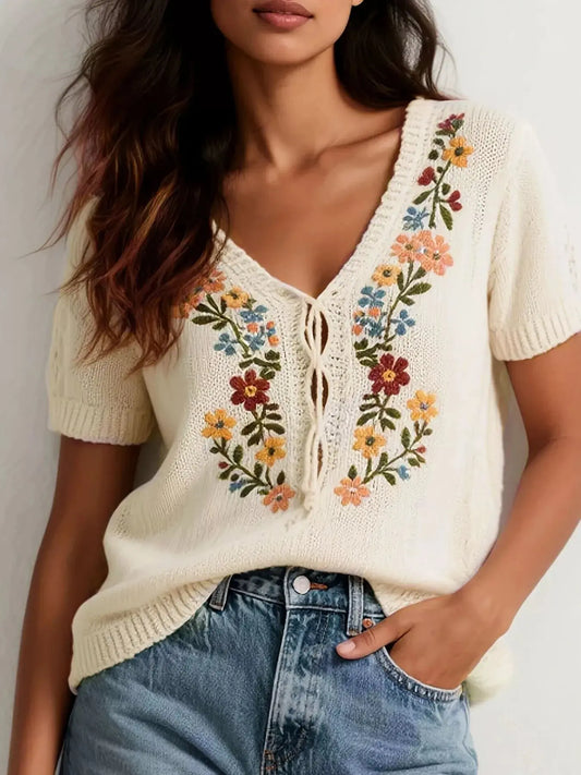 Floral Embroidered Short Sleeve Sweater Simply Love