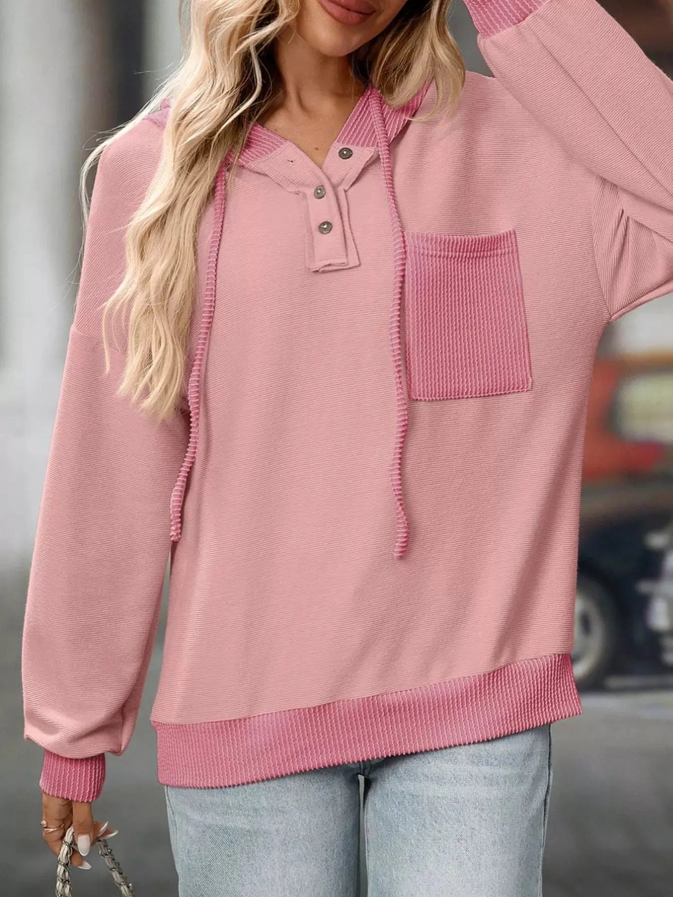 Casual Color Block Button Detail Hoodie Simply Love