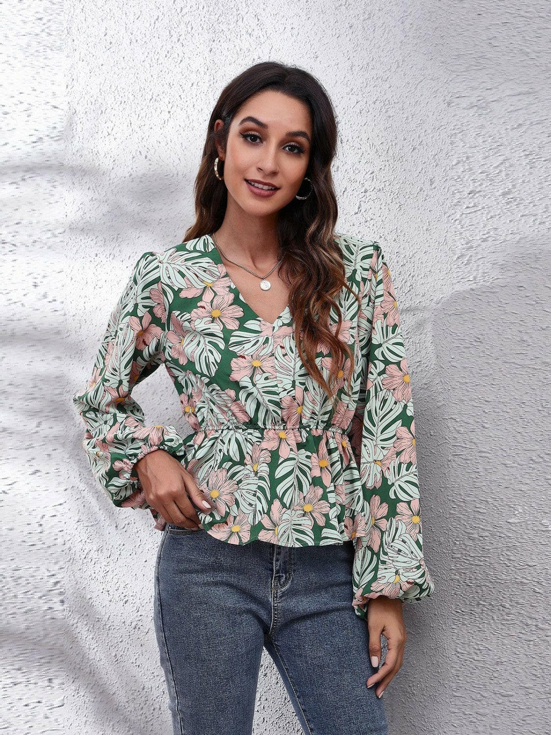 Floral V-Neck Balloon Sleeve Peplum Blouse.