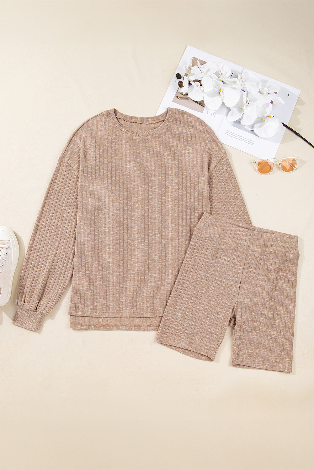 Dark Khaki Ribbed Balloon Sleeve Pullover Top and Biker Knitted Short Set Dear-Lover Dropshipping