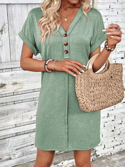 Quarter Button V-Neck Short Sleeve Dress.