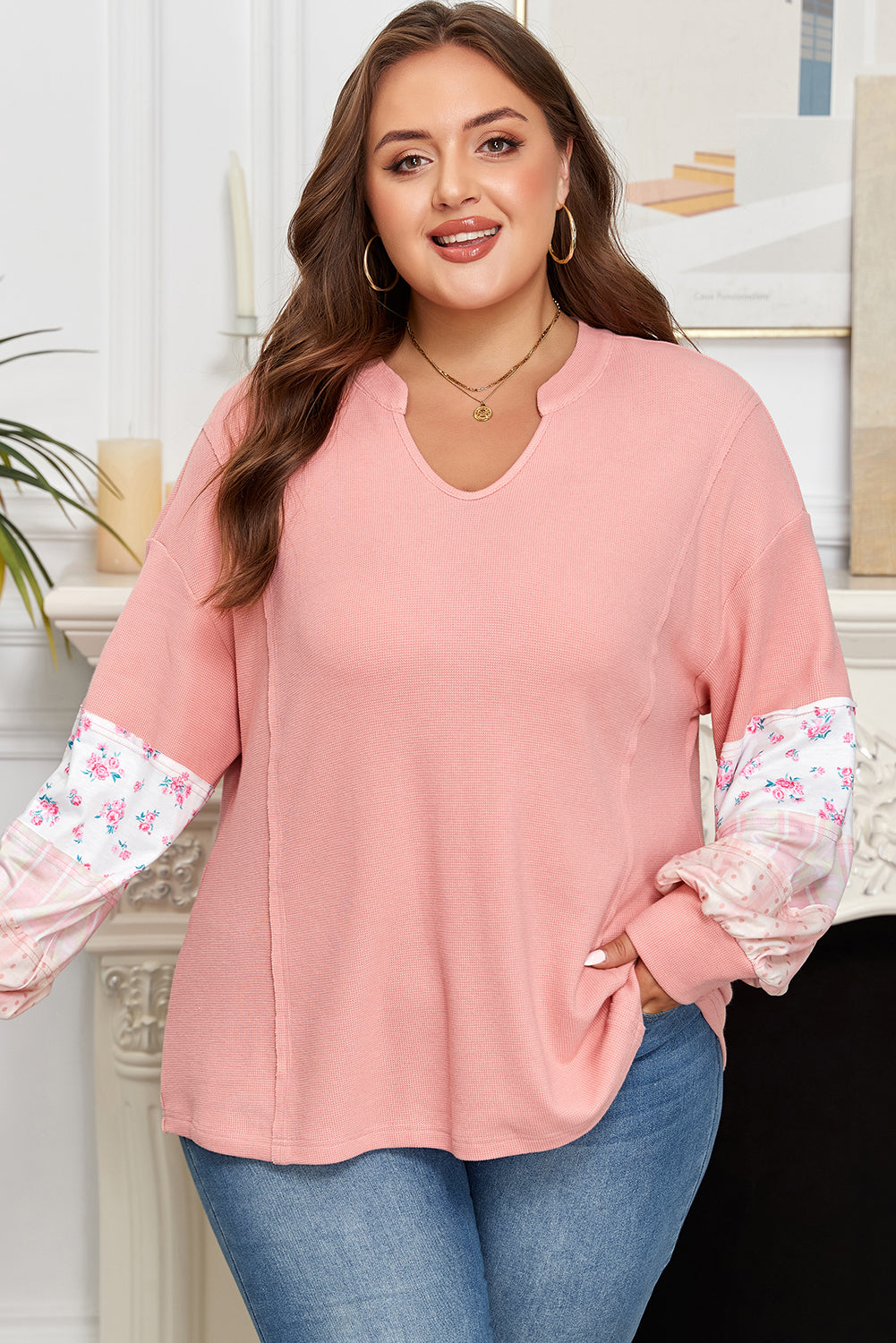 Pink Floral Patchwork Waffle Notched V Neck Top Plus Size Dear-Lover Dropshipping