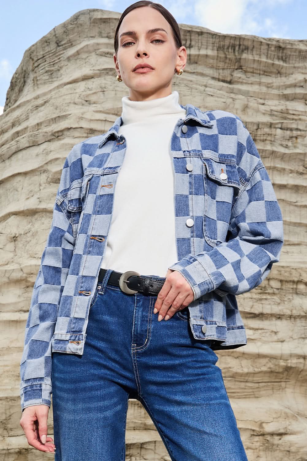 Light Blue Checkered Patchwork Button up Denim Jacket - Love Salve 