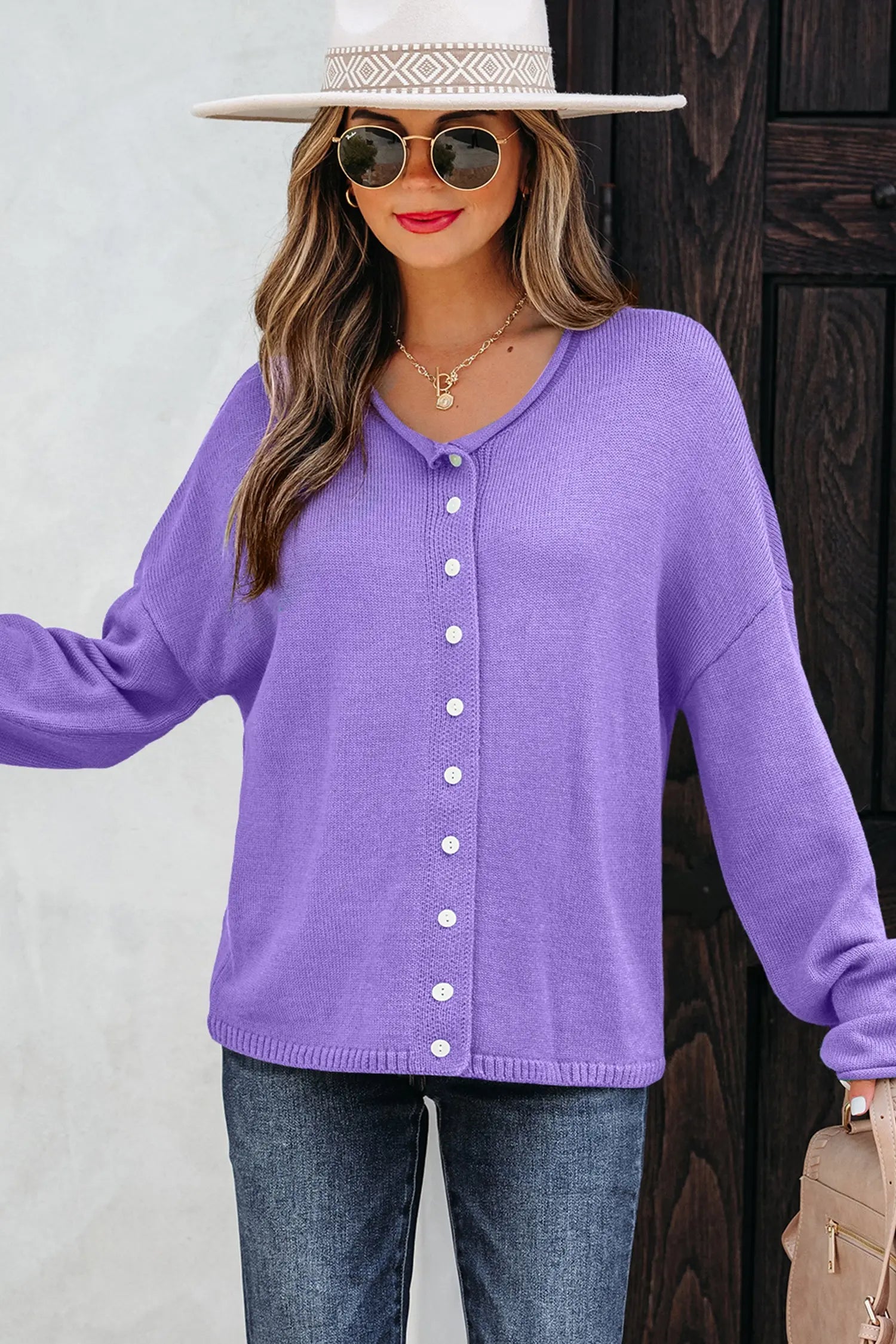 Wisteria Solid Color Knit Button Front Drop Shoulder Cardigan Sweater Dear-Lover Dropshipping