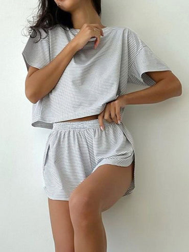 Striped Round Neck Top and Shorts Set.