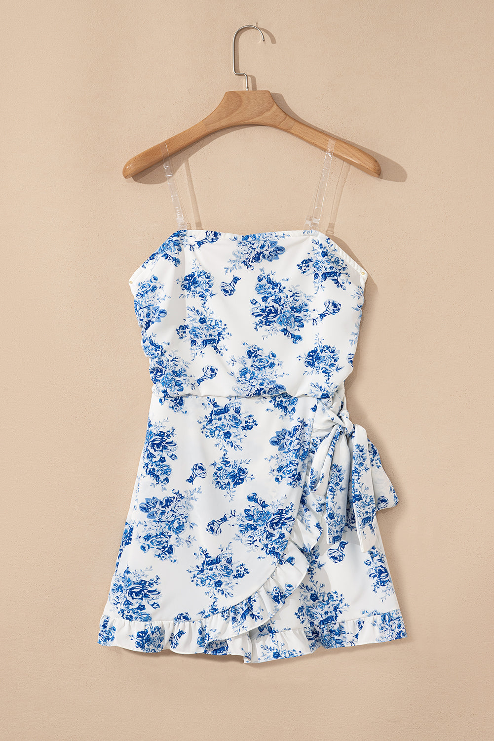 Sky Blue Floral Print Strapless Zipped Back Knot Waist Ruffled Romper Love Salve