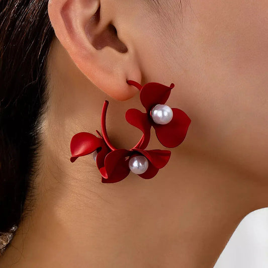 Red Floral Pearl Hoop Earrings With Faux White Pearls Simply Love