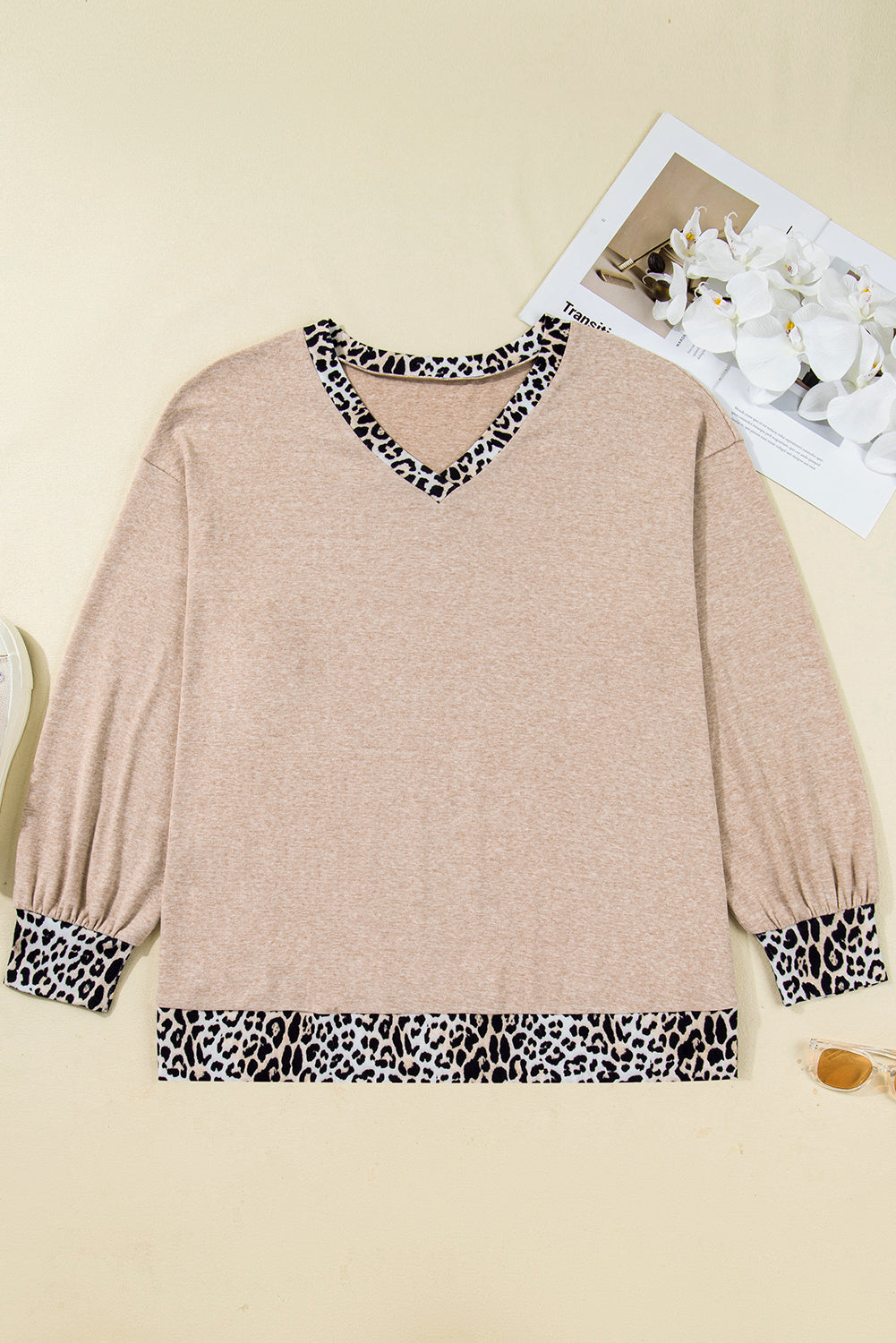 Parchment Leopard Patchwork V Neck Long Sleeve Plus Size Top Dear-Lover Dropshipping