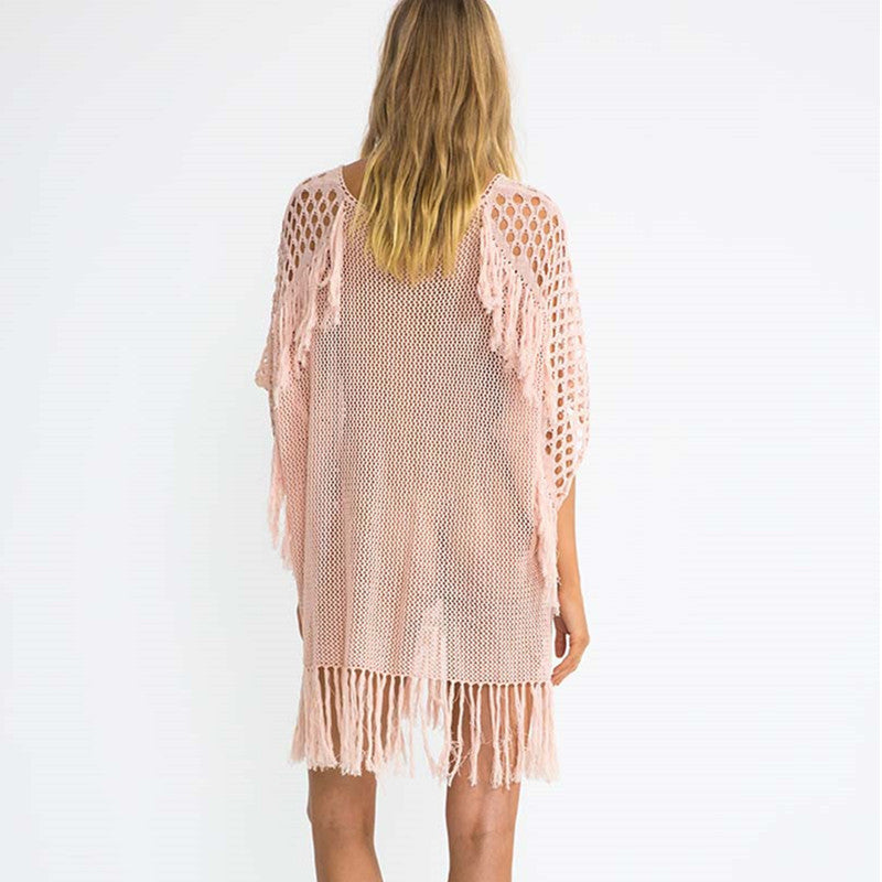 Knitted Tassel Beach Cover-up Sexy Knitted Holiday Sun Protection Shirt Seaside Bikini Swimsuit Blouse Bella Mia