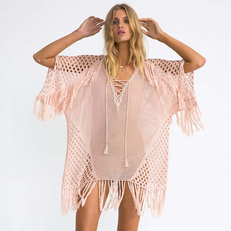 Knitted Tassel Beach Cover-up Sexy Knitted Holiday Sun Protection Shirt Seaside Bikini Swimsuit Blouse Bella Mia