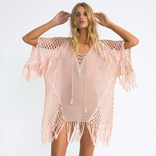 Knitted Tassel Beach Cover-up Sexy Knitted Holiday Sun Protection Shirt Seaside Bikini Swimsuit Blouse Bella Mia