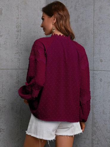 Crochet Tassel Tie Neck Long Sleeve Blouse.