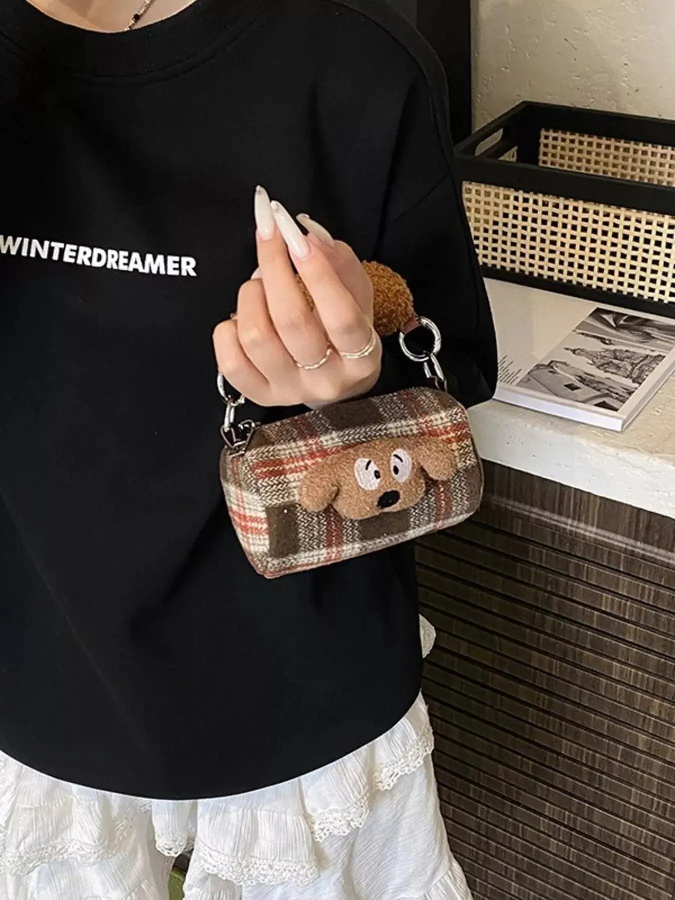 Plaid Pattern Plush Trim Crossbody Bag Simply Love