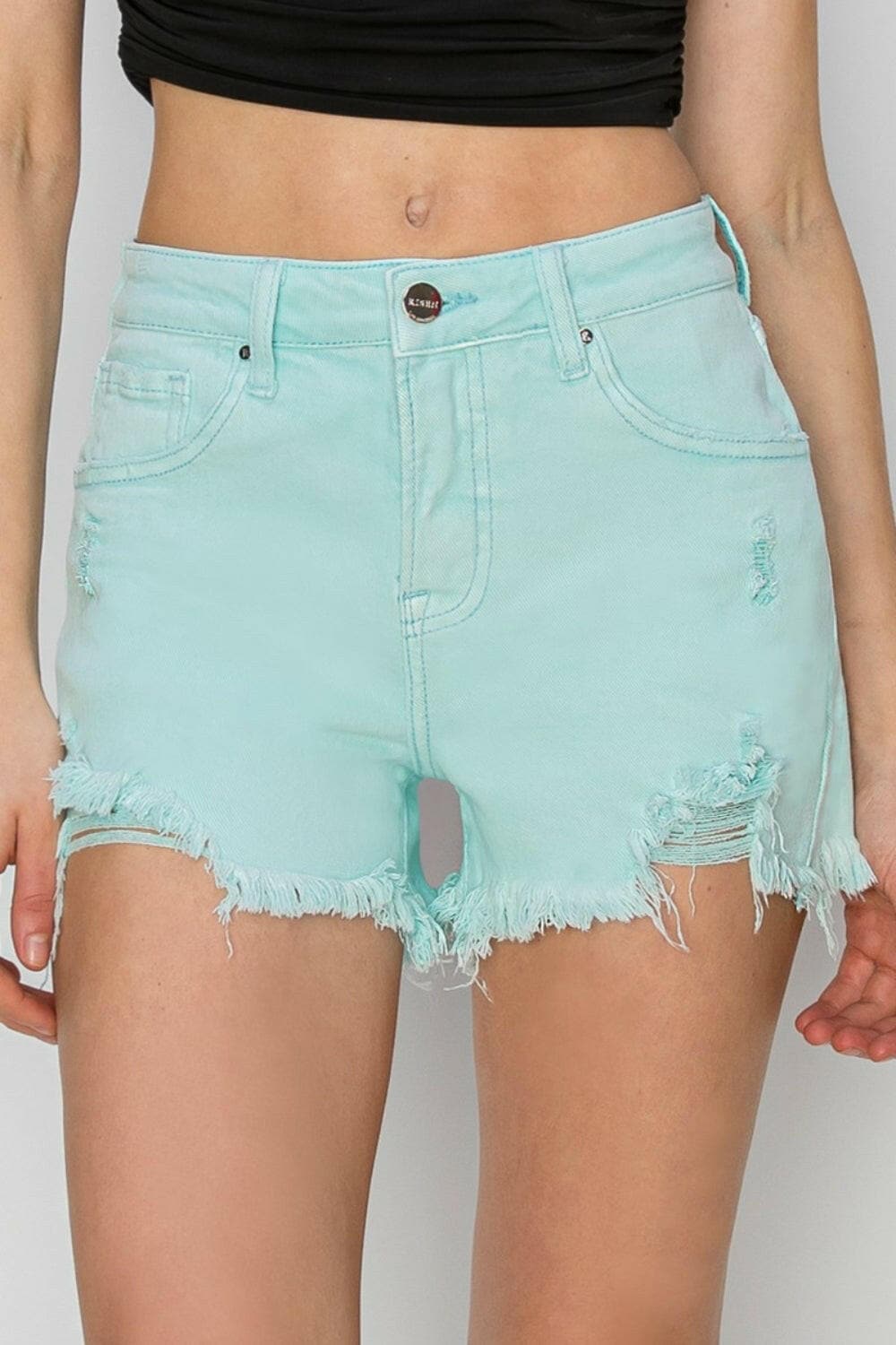 RISEN Mid Waist Frayed Hem Denim Shorts.