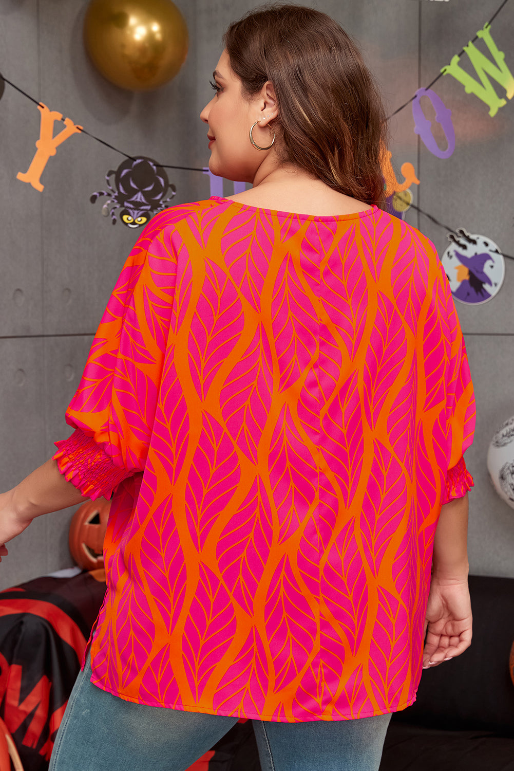 Floral elegance: Plus size smocked lantern sleeve blouse